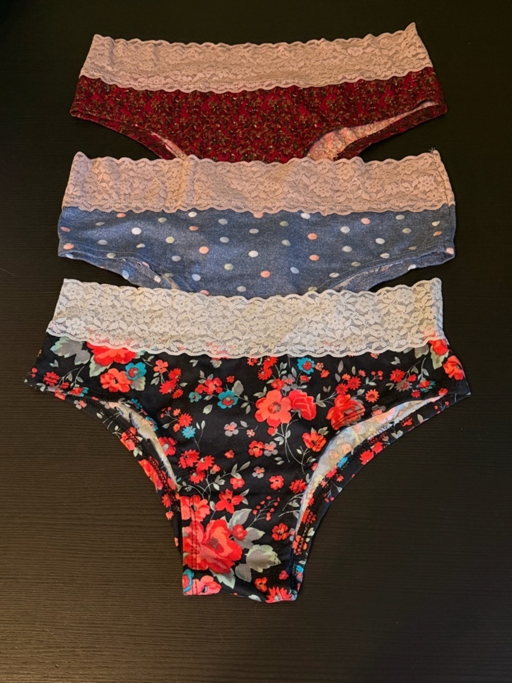 Victoria's Secret Womans Lace-Waist Briefs in Black Floral, Denim Dot & Burgundy
